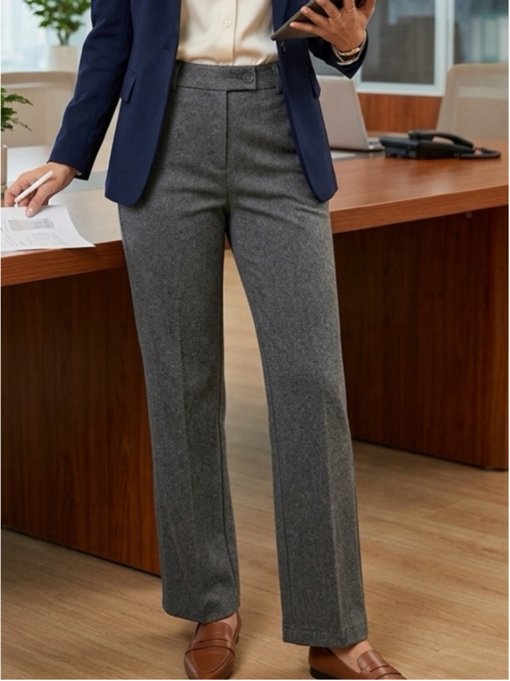 Women's Herringbone Gray Tailored Trousers career Travel stretch, casual 1475